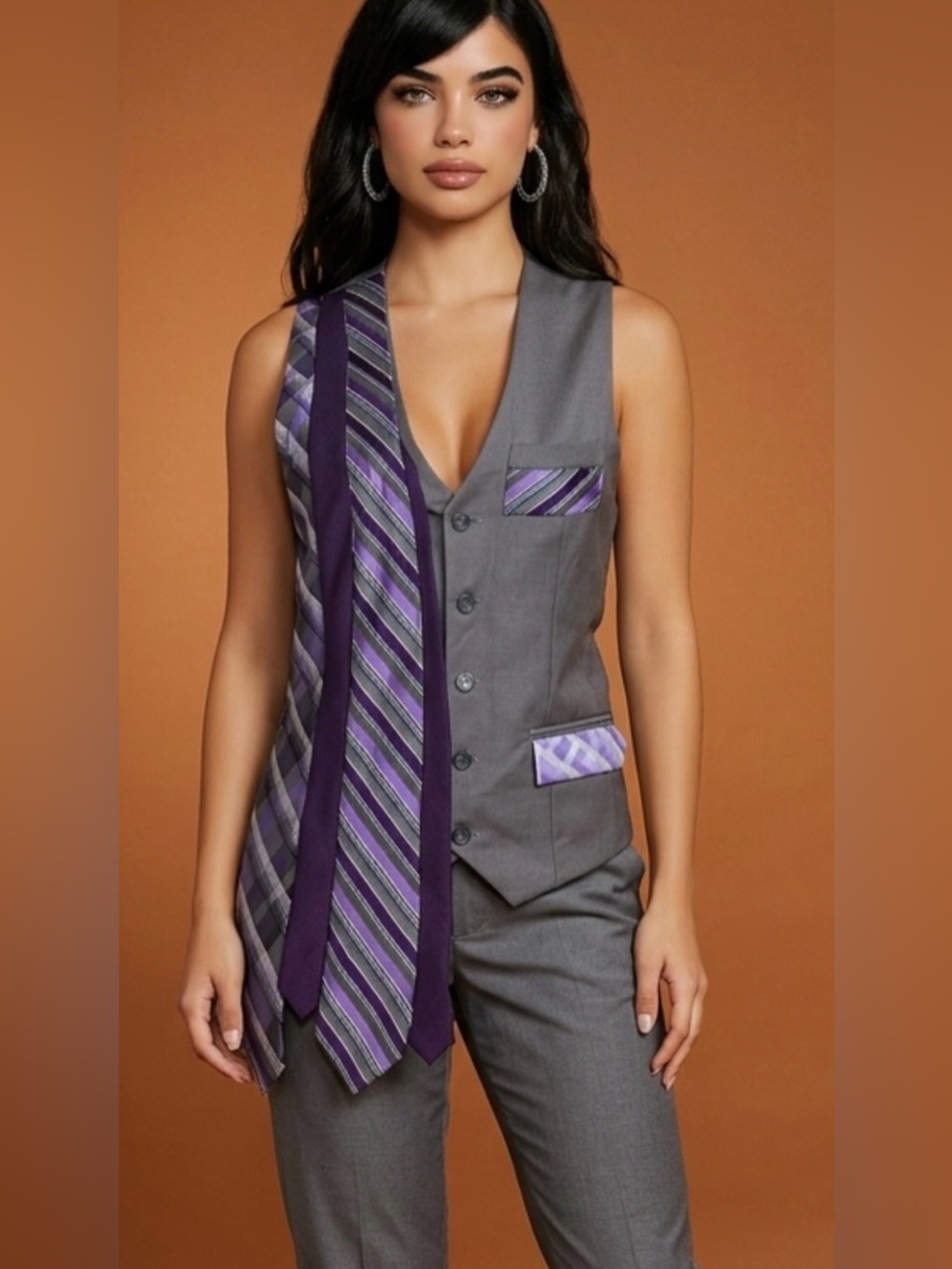 Upcycled Gray Vest with Purple Tie-Accent size S